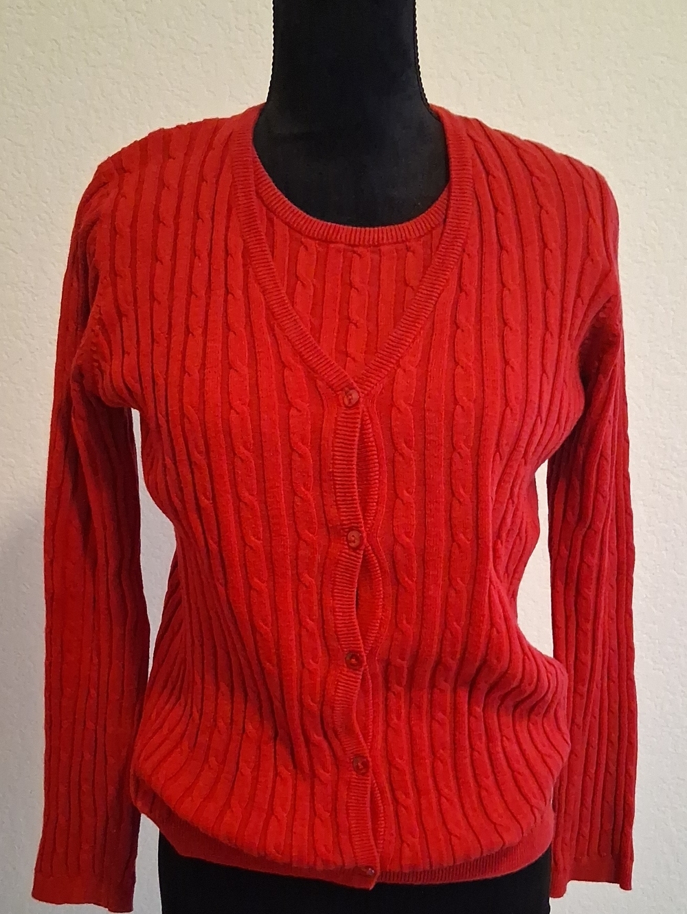 Classic Red Cable-Knit Women's Cardigan Sweater